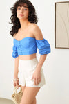Off Shoulder Puffy Sleeve Ruched Bust Crop Top