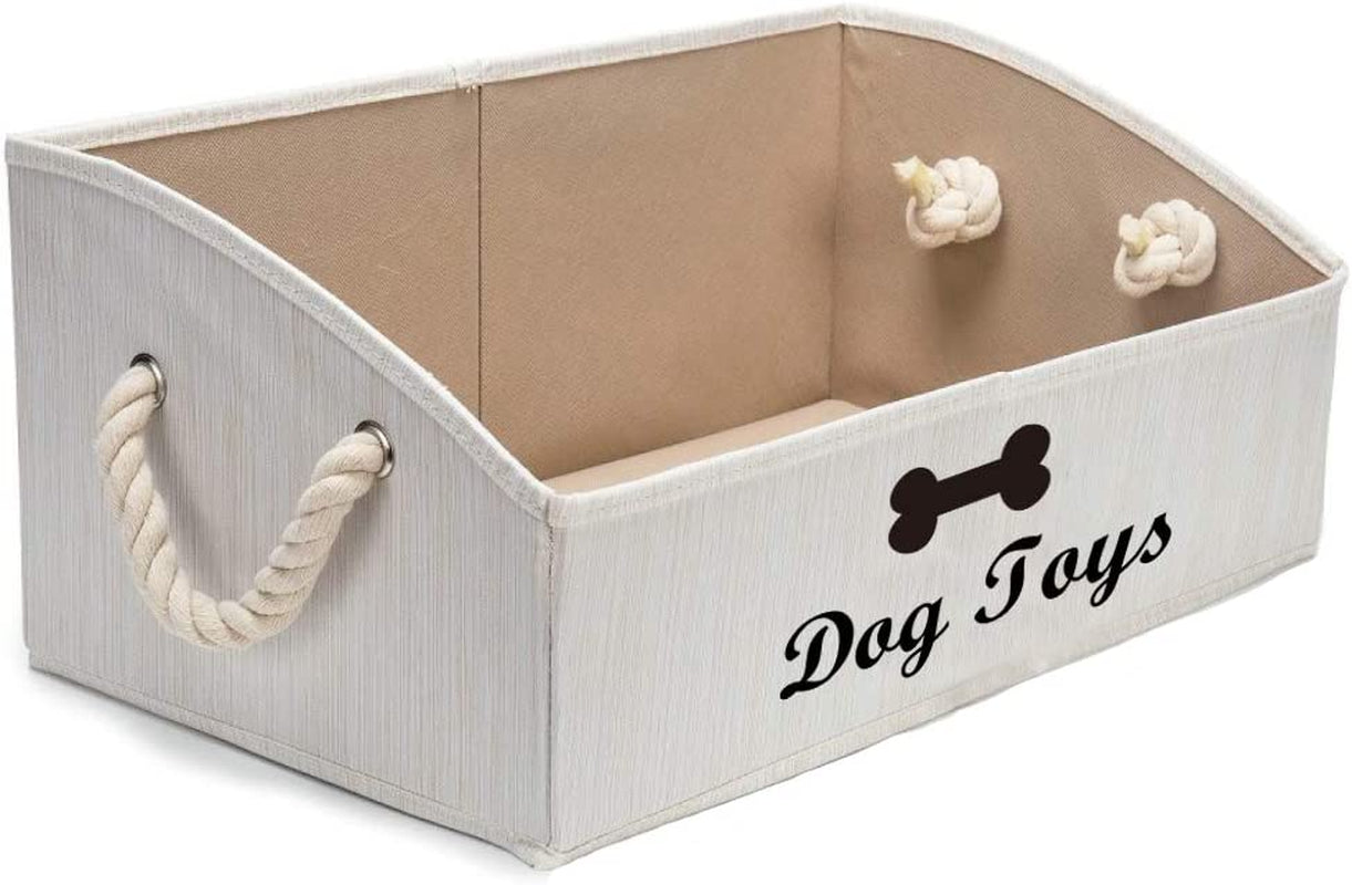 Large Dog Toys Storage Bins-Foldable Fabric Trapezoid Organizer Boxes with Weave Rope Handle,Collapsible Basket for Shelves,Dog Apparel(Beige-Dog)