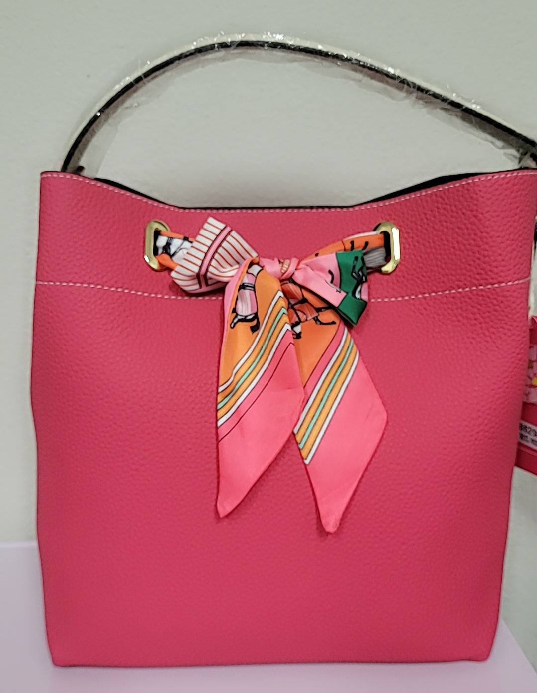 Women large Silk Scarf Bucket Bag Pink