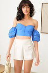 Off Shoulder Puffy Sleeve Ruched Bust Crop Top